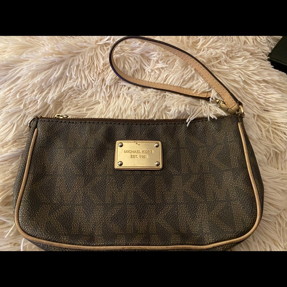 Michael Kors Brown Logo Wristlet with Gold Plate